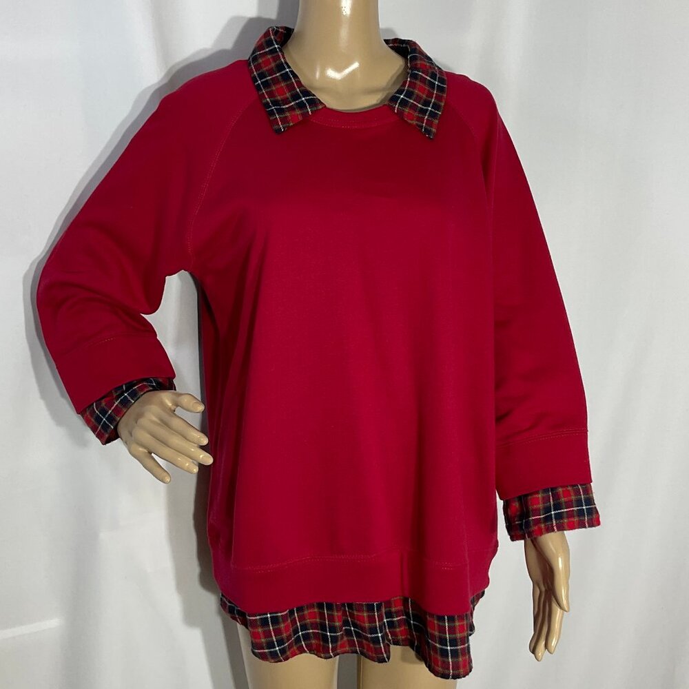 Red Sweater with Mock Flannel Undershirt Sz L 90s Y2K Womens
